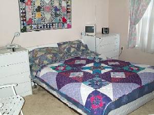Master bedroom with bed covered by quilt and quilt on wall