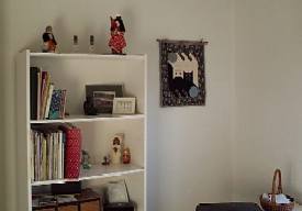 Picture of bookshelves and cat quilt on wall.